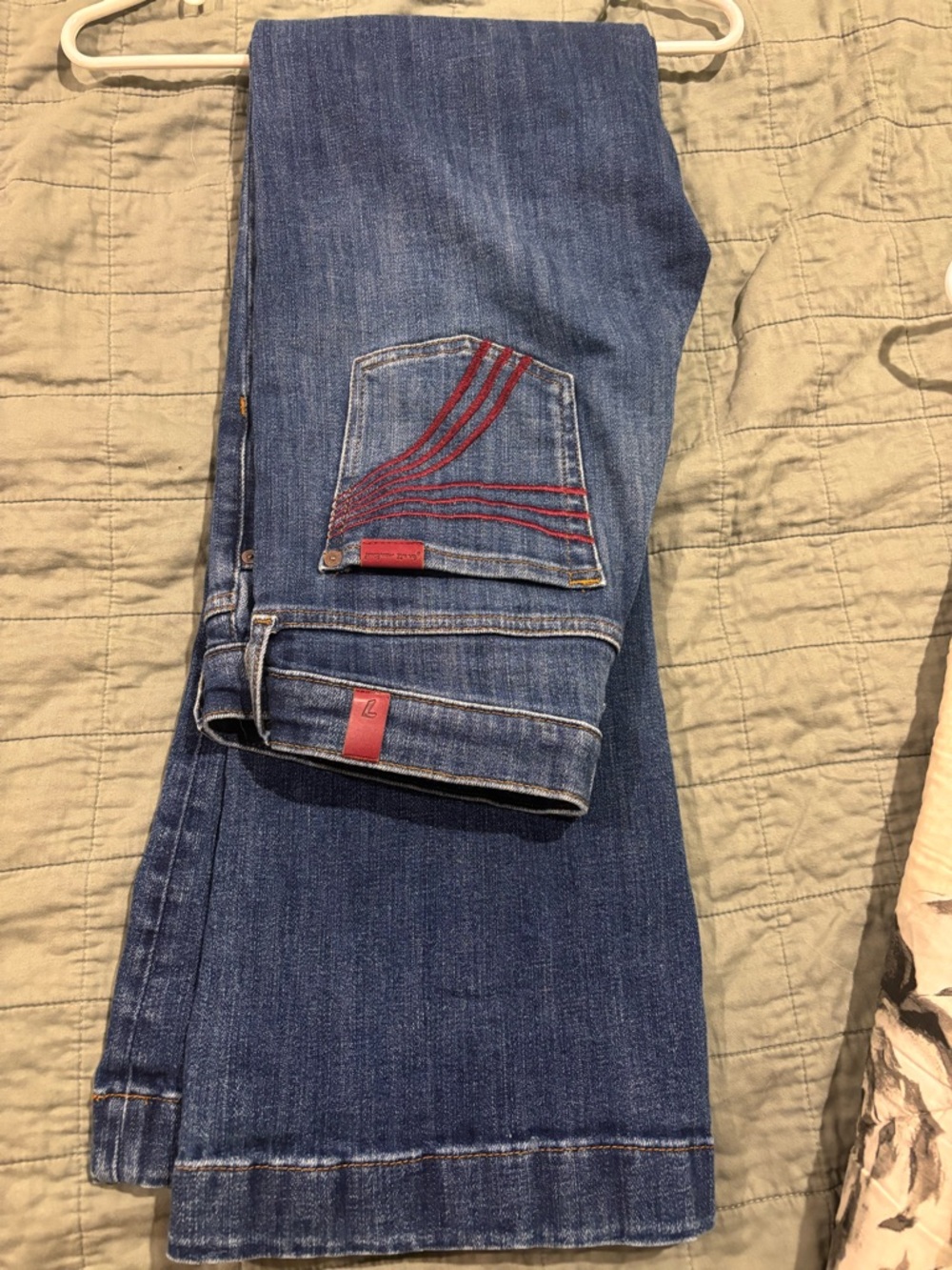 7 For All Mankind Women's Boot Cut Jeans in Medium Blue with Red Stitching